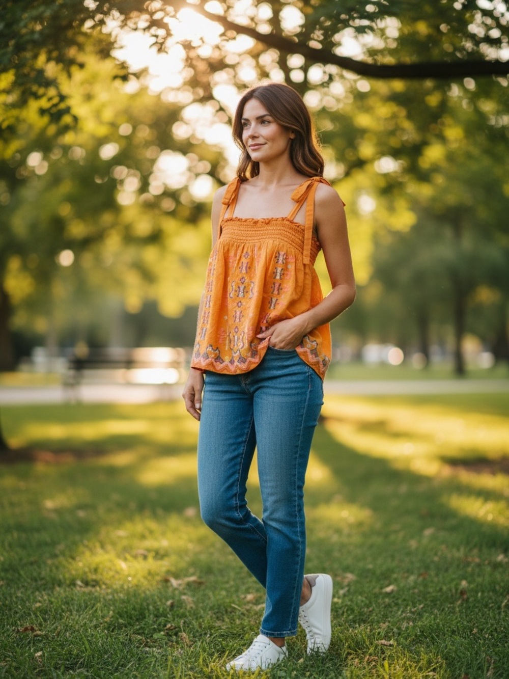 Anthropologie embroidered tie/smocked top